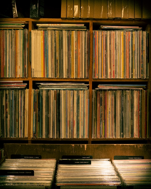 A shelf full of records in a room